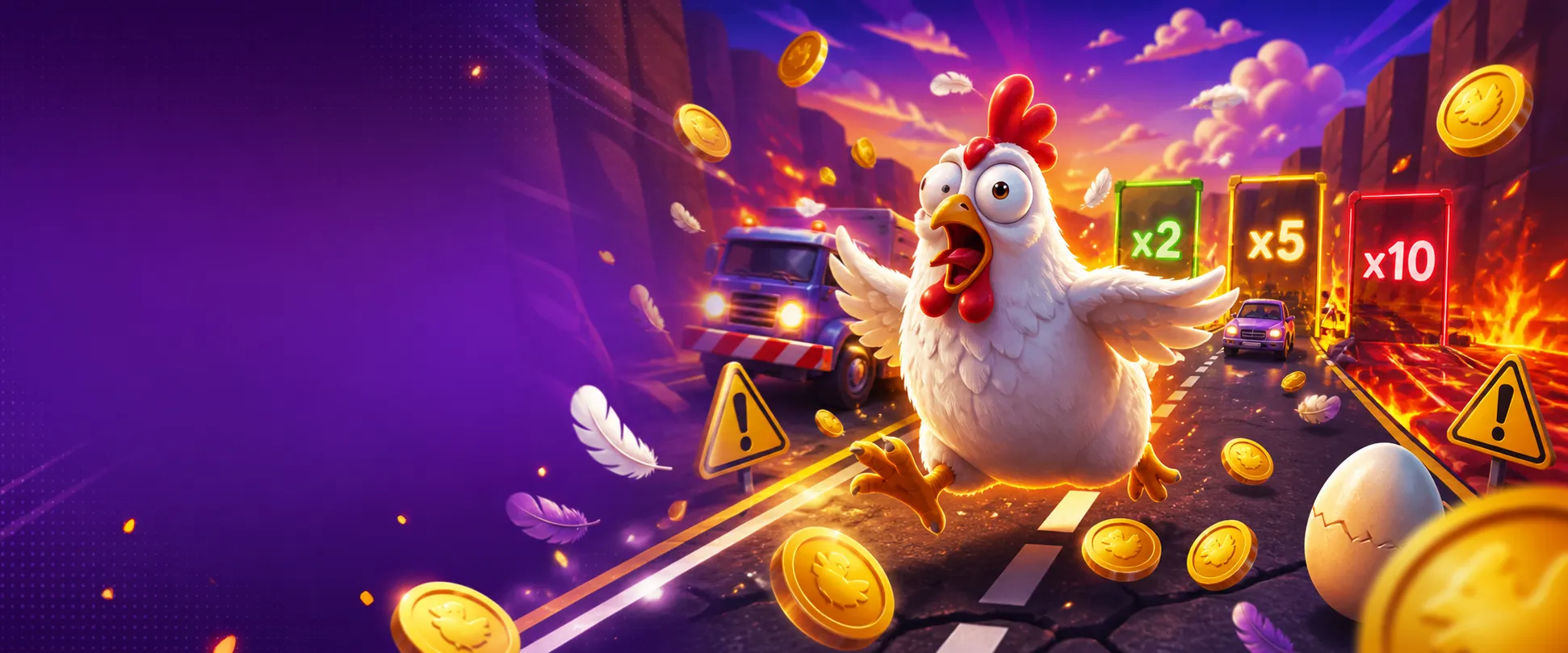 Promotional banner for Chicken Road slot game featuring playful chicken, road lanes, eggs, and bright arcade energy.