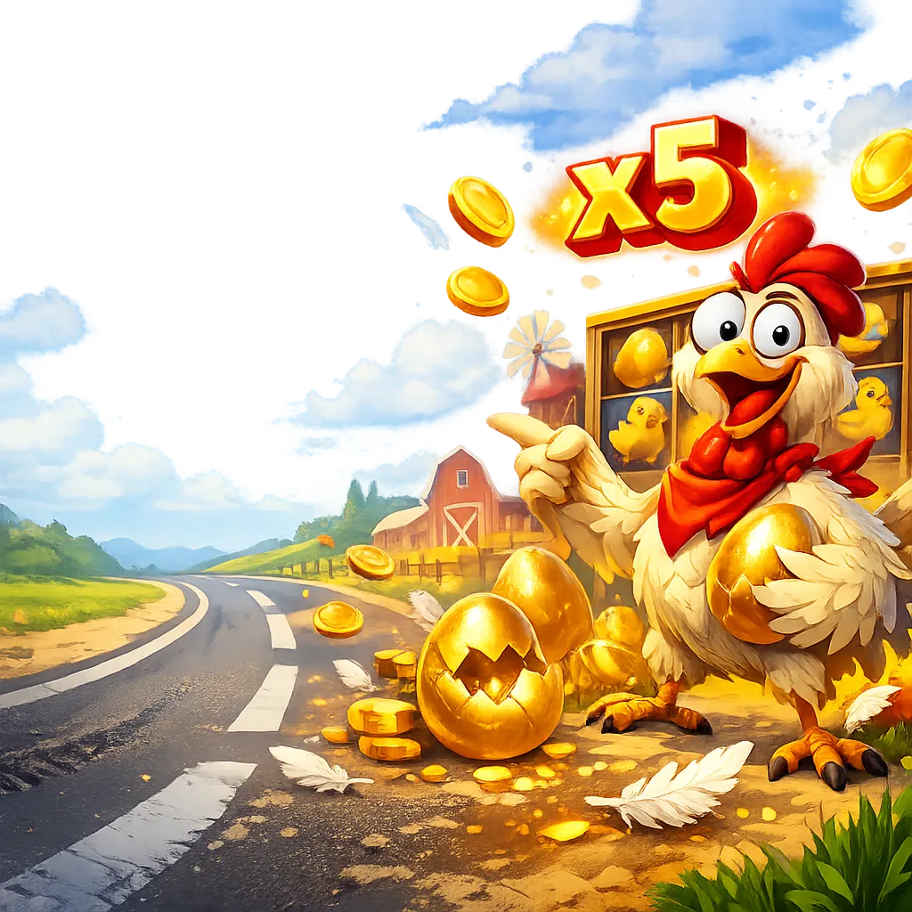 Dynamic promotional image featuring a funny chicken on a road with eggs, feathers, and coins, embodying playful and energetic
