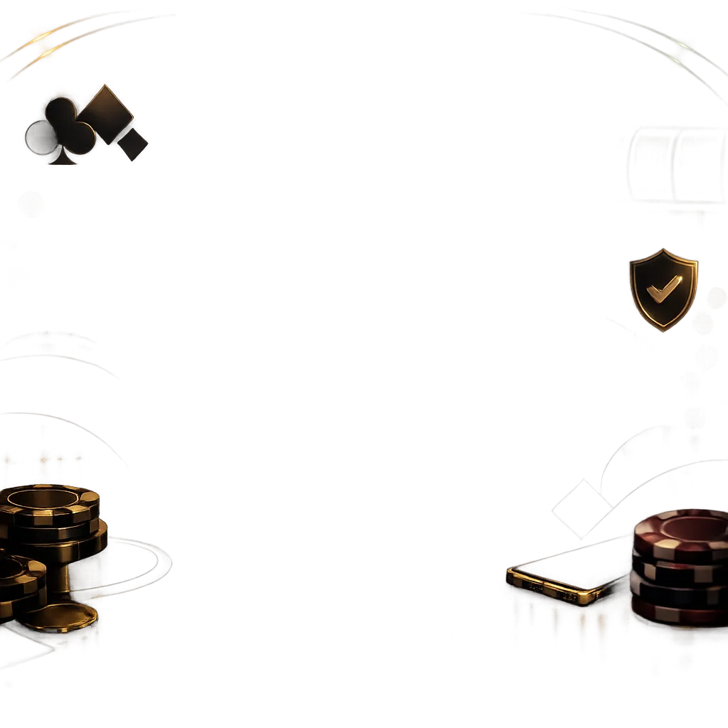 Luxury casino-themed background with dark tones and metallic accents for feature labels section.